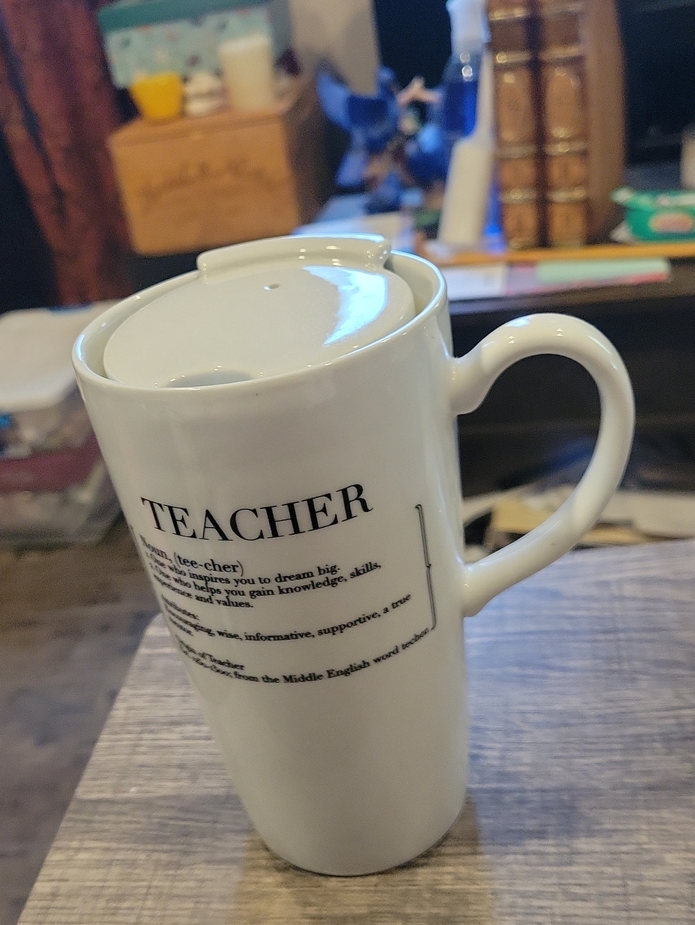 Teacher Travel Mug NWT/ Tall W/ Ceramic Lid/Williams Sonoma